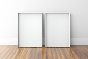 Set of 2 metal Blank A4 frame on white wall. Wooden floor