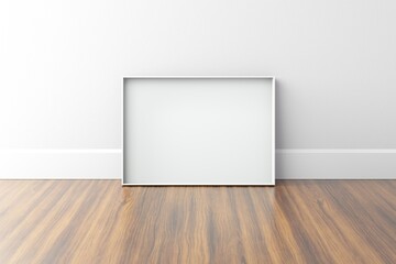 Metal Blank A4 frame on white wall. Wooden floor