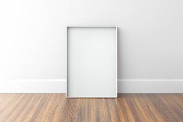 Metal Blank A4 frame on white wall. Wooden floor