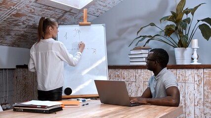 An algebra lesson - woman standing by the board with graphs of functions and a black man sitting by...