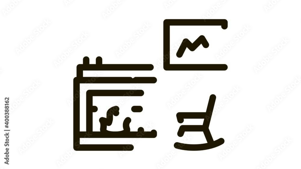 Sticker Rocking Chair near Fireplace Icon Animation. black Rocking Chair near Fireplace animated icon on white background