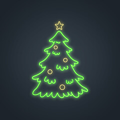 Glowing neon Christmas tree. Christmas tree neon sign. Vector illustration. 