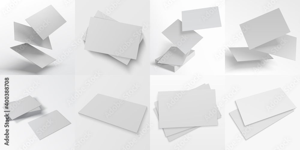Aufkleber Business card mockup. Realistic blank stacks, sheets of paper and flying pages. Cardboard flyers lie on smooth surface. Visual design elements for presentation with copy space, vector set