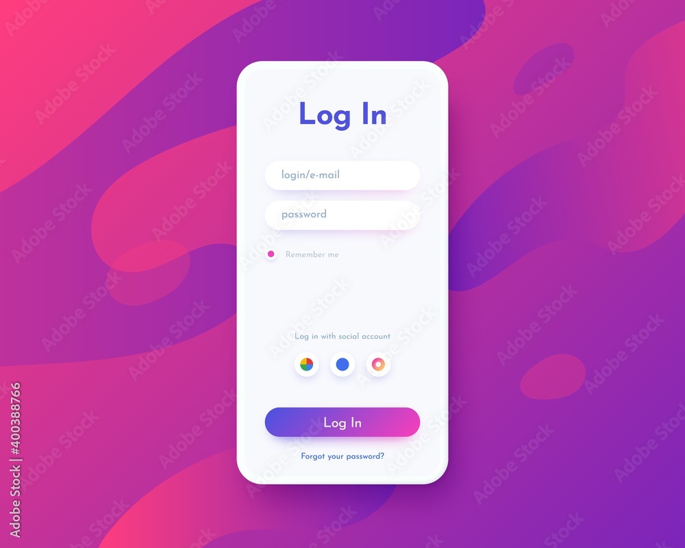 Aufkleber Log in screen. Mobile application interface, registration form with login and password fields. Website UI with buttons and network account sign. Vector web page mockup for smartphone