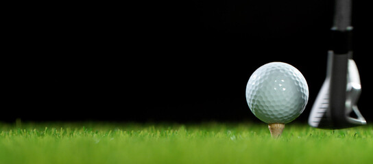 Detail of a golf club and ball in lawn.