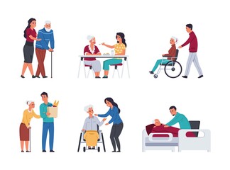 Fototapeta premium Elder people care. Volunteers helping old people. Cartoon young men and women support retirement persons. Disabled senior humans walking with cane and moving in wheelchair, vector set