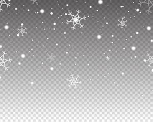 Realistic falling snow. Snow overlay effect. Falling snow isolated on transparent background. Vector illustration. 