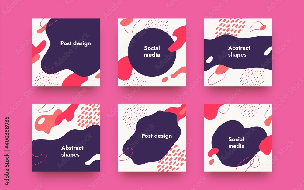 Poster doodle square banners. memphis abstract posters. geometric shapes and place for text. round frames a