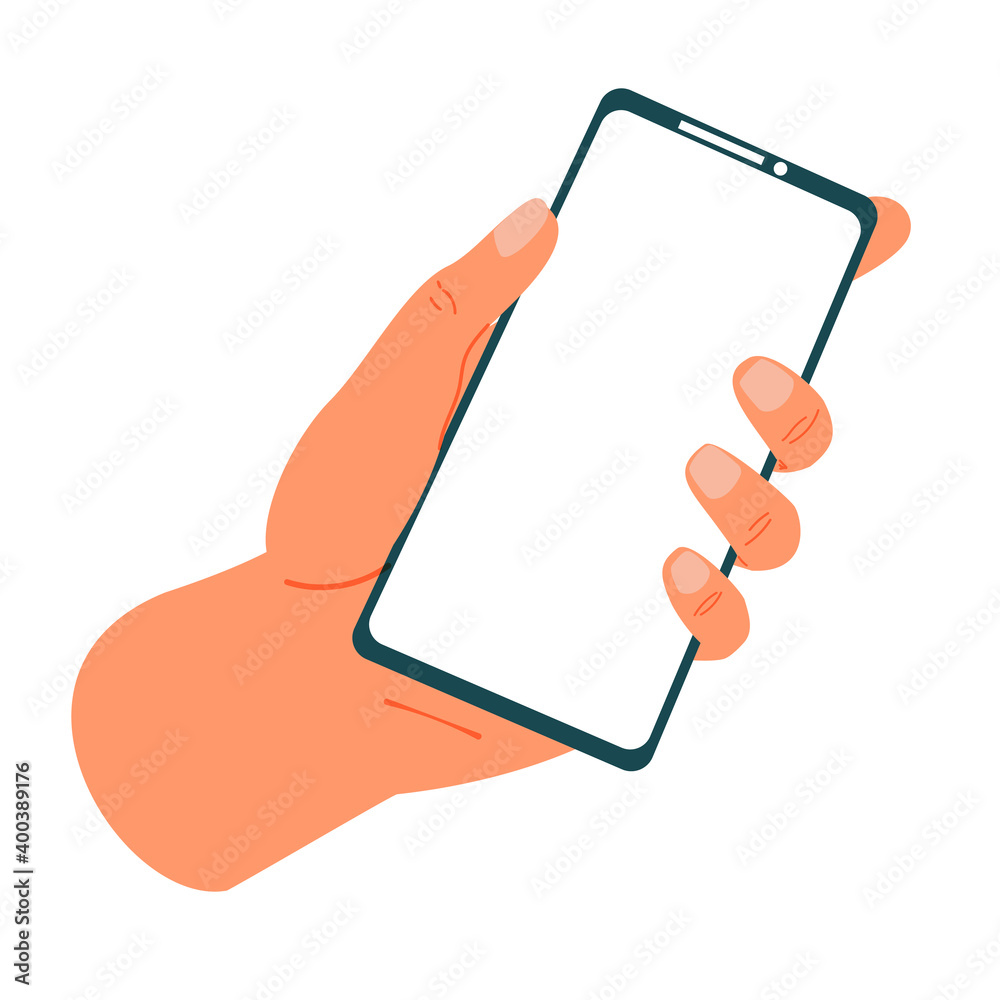 Poster hands holding phone. smartphone in arms. blank device screen. isolated gadget with copy space on whi