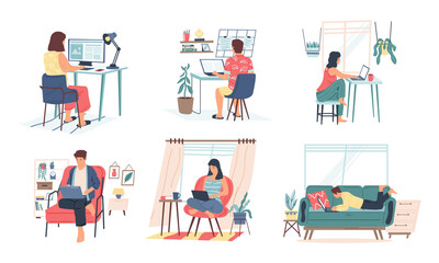 Remote work. Cartoon freelancers and office employees at home. Young men and women sitting with laptops in casual clothes. Comfortable workplace and room interior. Vector isolated set