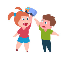 Bad behavior. Brother and sister quarrel. Girl teases boy with toy. Isolated children arguing. Conflicts between older and younger kids in family. Vector relationship flat illustration