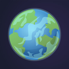 Cartoon earth. Solar system planet. View of world from space. America and Europe or Africa washed by Atlantic Ocean. Geographic model with seas and continents, vector flat illustration