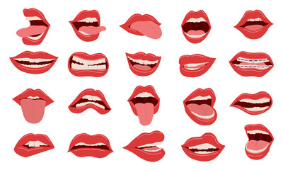 Cartoon mouth. Female red opened and closed lips. Isolated parts of human face with white teeth and stick out tongue. Emotions expressing, laughing and smiling and anger, vector set