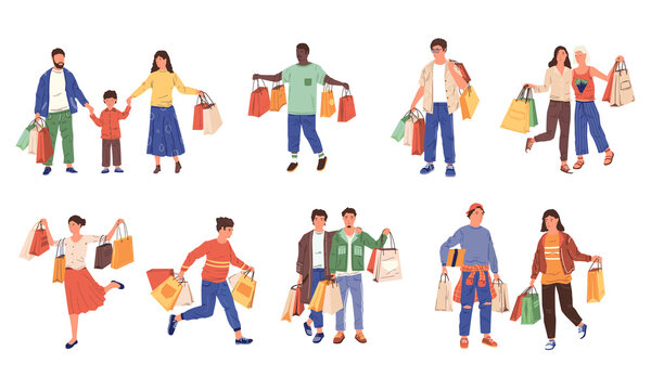 Shopping characters. Retail purchase and byers at store, cartoon customers shopping with discounts. Men and women with shopping bags in mall and boutique, vector characters set at sale