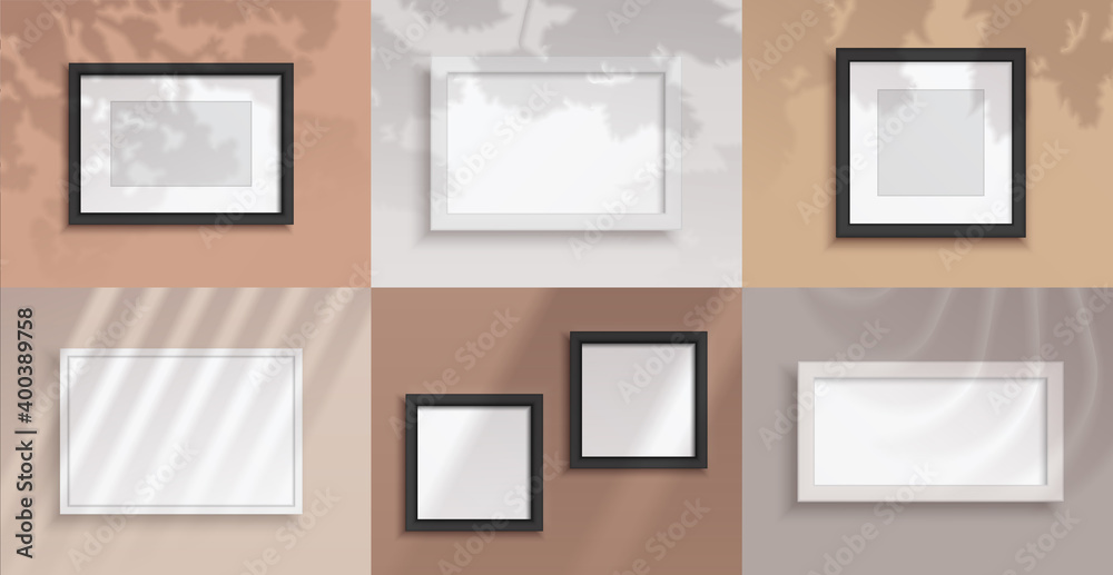 Poster picture frames. realistic blank borders for photographs. square decorative interior objects on wall.