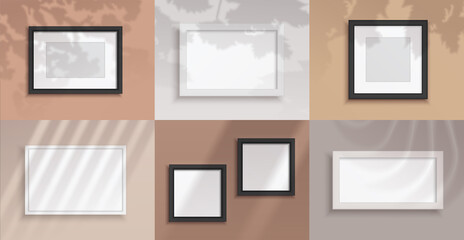 Picture frames. Realistic blank borders for photographs. Square decorative interior objects on wall. Overlay shadows effect from plants and windows. Vector exhibition templates set