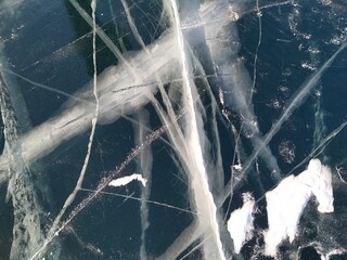 Cracked on ice on the surface of Lake Baikal in winter