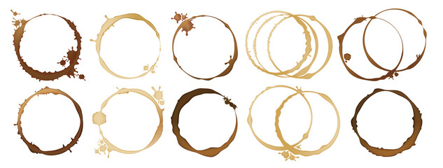 Coffee rings. Realistic round stains of tea cup. Spilled dark beverage, traces of mug and splashing. Circle marks of cappuccino or espresso. Brown liquid trails, vector decorative set