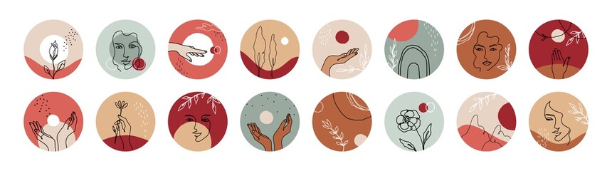 Face stories cover. Social media highlights with cute women heads and floral elements. Contemporary shapes, decorative outline flowers or human body parts. Vector colorful profile set