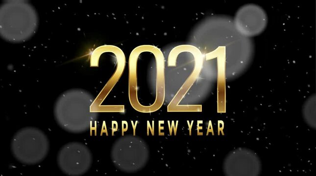Animation golden text Happy New Year 2021 for card design with white snowflake on black background.