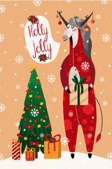 New Year card with the zodiac horse in red pajamas in the form of a bull for 2021. Vector illustration of a horse on a beige background with a Christmas tree