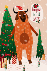 New Year card with zodiac dog in orange bull pajamas for 2021. Vector illustration of a dog on a beige background with a Christmas tree and gifts