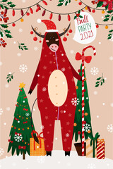 New Year card with zodiac bull in red pajamas for 2021. Vector illustration of a bull on a beige background with a Christmas tree and gifts