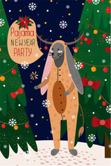 Christmas and New Year card with zodiac bunny in beige bull-shaped pajamas for 2021. Vector illustration of a bunny on a dark blue background with stars, snowflakes, Christmas trees