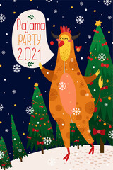 Christmas and New Year card with zodiac rooster in yellow bull-shaped pajamas for 2021. Vector illustration of a rooster on a dark blue background with stars, snowflakes, Christmas trees