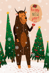 New Year card with zodiac tiger in brown bull pajamas for 2021. Vector illustration of a tiger on a beige background with a Christmas tree