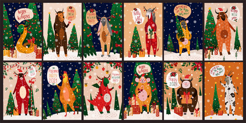 Big New Year vector set of 12 cards of 12 zodiacs in pajamas in the shape of a bull. Bull, goat, bunny, dog, snake, monkey, horse, rooster, tiger, dragon, pig, rat, Christmas trees, gifts, decorations