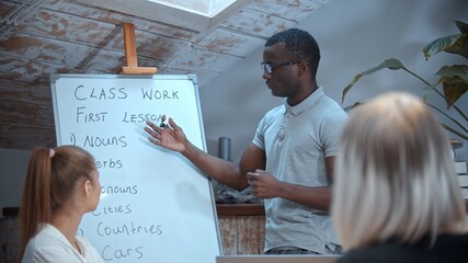 English lesson in the class with an african american teacher - two women looking at the board