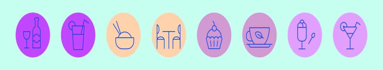 set of restaurant cartoon icon design template with various models. vector illustration isolated on blue background