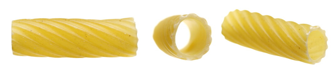 Set uncooked short tubes shape pasta also known as tortiglioni or elicoidali isolated on white background, clipping path