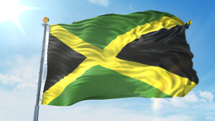 4k 3D Illustration of the waving flag on a pole of country Jamaica