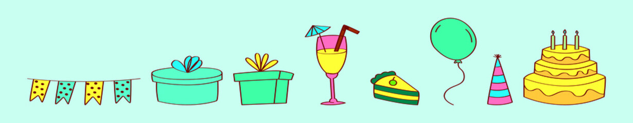 set of birthday cartoon icon design template with various models. vector illustration isolated on blue background