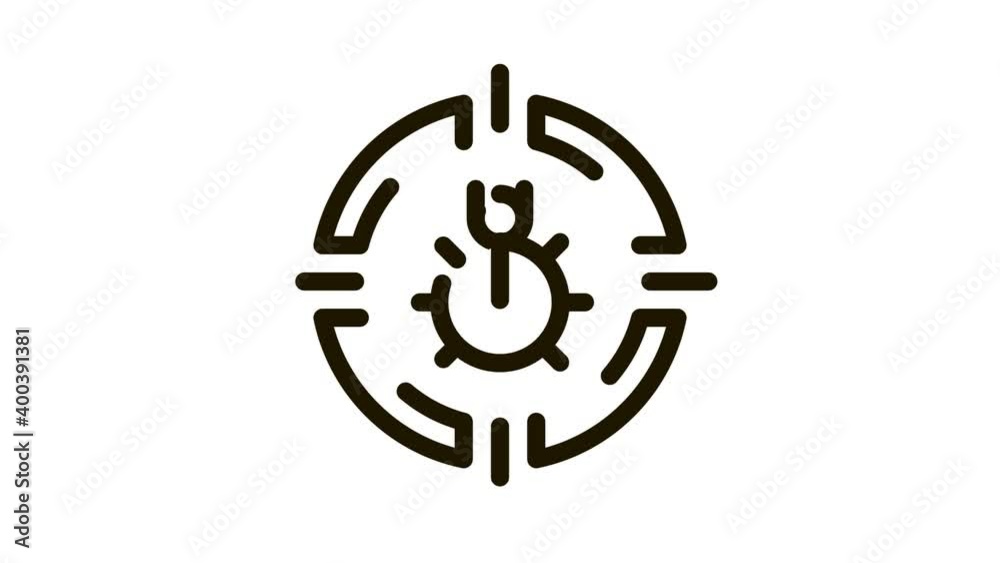 Poster bug target icon animation. black bug target animated icon on white background