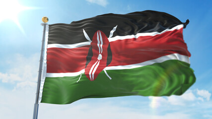 4k 3D Illustration of the waving flag on a pole of country Kenya