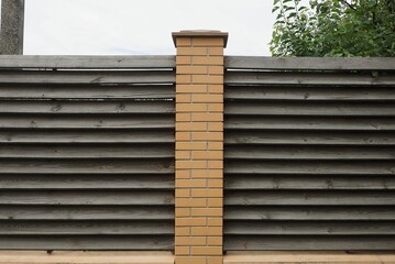 big brown fence wall made of wooden boards and bricks outdoors 