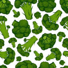 Fresh Juicy Green Broccoli colorful fresh Vegetable Seamless Pattern, isolated on white.