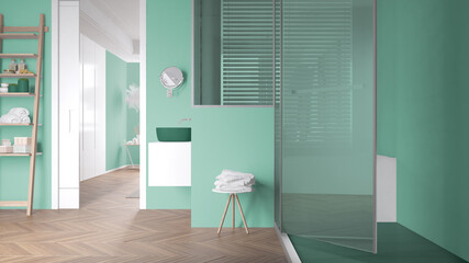Minimalist bathroom in turquoise tones with large shower with glass cabin, shelves, side table with towels, herringbone parquet, window with venetian blinds, interior design concept