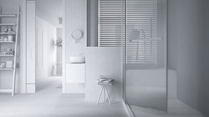 Total white project, minimalist bathroom with large shower with glass cabin, ladder shelf, table with towels, herringbone parquet, window with venetian blinds, interior design concept