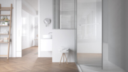 Blur background, minimalist bathroom with large shower with glass cabin, ladder shelf, table with towels, herringbone parquet, window with venetian blinds, interior design concept