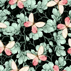 Behang Romantic vintage magnolia and butterflies seamless pattern  © angela0982