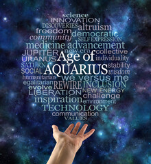 Cosmic Astrological Age of Aquarius Word Cloud - a circular word cloud relevant to the new era of...