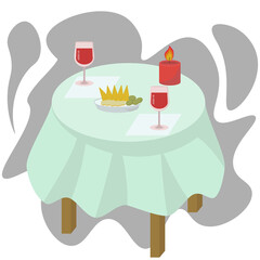 Romantic dinner at home, two glasses with red drink on the table, burning candle and cheese platter, cozy atmosphere in flat style