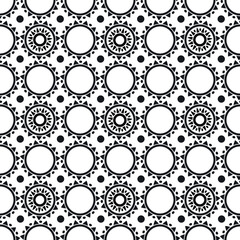 Geometric abstract tribal seamless pattern with circles and triangles. Black and white mosaic tile ornament. Wallpaper, background, banner, textile decorative vector pattern. Simple design
