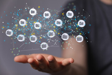 Augmented Analytics Data cloud storage network from lines, triangles and particle style design. Illustration