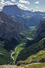 Vallunga (Long Valley) with Sassolungo and Sciliar mountain in the background, as seen from Refugio Puez, Province of Bolzano, Dolomites, South Tirol, Italy.