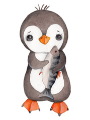 Cute cartoon hand drawn little penguin, watercolor  illustration, icon, isolated on white background.